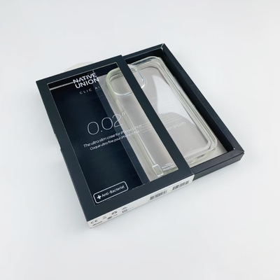 Custom schwarze Schiebe Schublade Papierbox mit Haken klares Fenster für Telefon Gehäuse Paket bequem und elegant