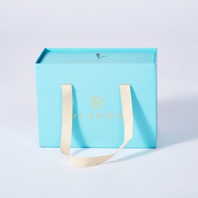 Luxusverpackung Blaue Schiebebox Anpassungstücke Geschenkbox Paket mit Bandgriffe