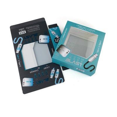 Individuelles Logo Heißfolienpräge-Elektronikprodukte-Verpackungsschachtel, USB-Datenkabel-Papierbox-Verpackung mit PVC-Fenster