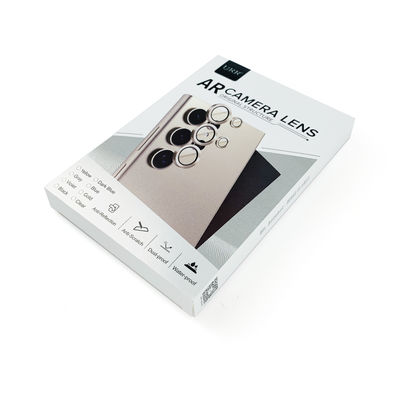 Individuell bedrucktes silbernes Papier, faltbare Kameraobjektiv-Schutzabdeckung, Kamera-Verpackungsbox aus gehärtetem Glas mit Fenster